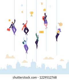 Business People Climbing to Success. Businessman and Businesswoman Characters Trying to get Top. Goal Achievement, Leadership, Motivation Concept. Vector illustration