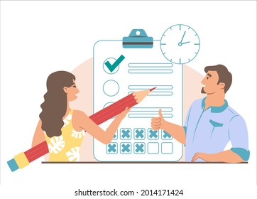 Business people, clipboard with checklist, clock. Woman checking to do list, man showing ok hand sign, flat vector illustration. Task management, planning, time management.