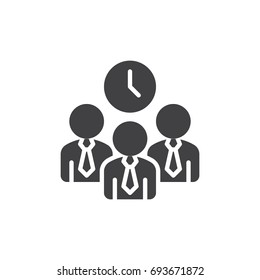 Business people and clock icon vector, filled flat sign, solid pictogram isolated on white. Time management symbol, logo illustration. Pixel perfect vector graphics