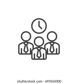 Business people and clock line icon, outline vector sign, linear style pictogram isolated on white. Time management symbol, logo illustration. Editable stroke. Pixel perfect vector graphics