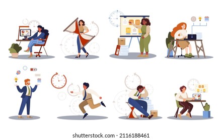 Business people with a clock set. Work effectivity and planning. Productive time management concept. Task planning, making a week schedule. Isolated vector illustration