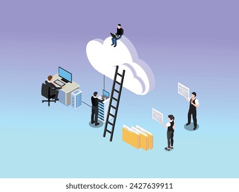 Business people with cloud Storage or cloud computing network isometric 3d vector illustration