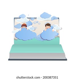 Business people with clouds on open book