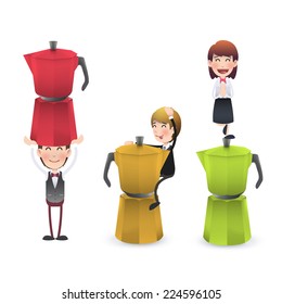 Business people with coffee pot over white