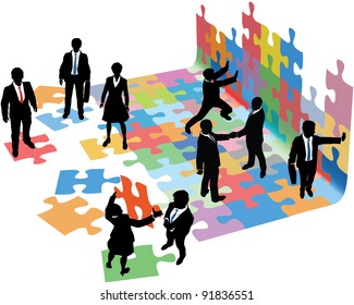 Business people collaborate to put pieces together find solution to puzzle and build startup