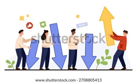 Business people collaborate to transform downward arrows into upward progress symbolizing positive change, improvement, and success in teamwork and motivation isolated on white background vector