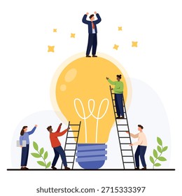Gente de negocios que colabora para lograr el éxito creativo subiendo escaleras a una bombilla gigante que simboliza la innovación, el liderazgo del trabajo en equipo y la lluvia de ideas sobre la Ilustración vectorial de fondo blanco
