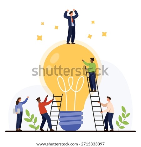 Business people collaborating to achieve creative success climbing ladders to a giant light bulb symbolizing innovation teamwork leadership and brainstorming on white background vector illustration