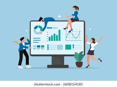 Business People Collaborating on Data Analytics and Digital Marketing Strategy Using Interactive Dashboard Interface.
