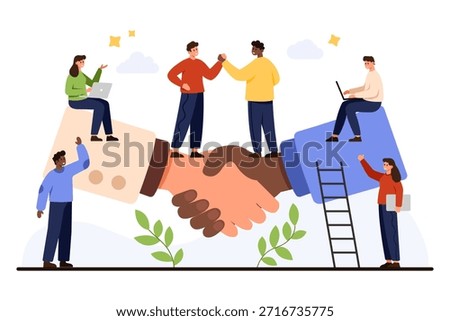 Business people collaborating on successful partnership handshake teamwork negotiation and deal making with diverse group working together isolated on white background vector illustration