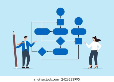 Business people collaborating on workflow process drawing