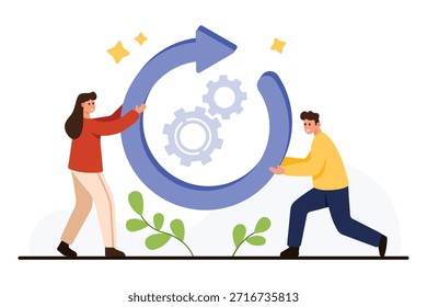 Business people collaborating to reload or refresh process symbolized by large arrow and gears concept for teamwork workflow improvement isolated on white background vector illustration