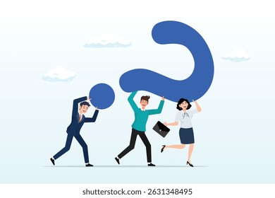 Business people colleagues help carry big question mark, problem solving, asking question or finding solution for difficulty, teamwork to solve problem or answer, confusion or brainstorm concept