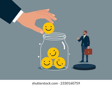 Business people collect funny and positive emoticons into Glass Jar. Flat vector illustration 