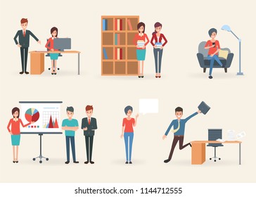 Business people collection with job at office. infographic administration. illustration vector flat design.