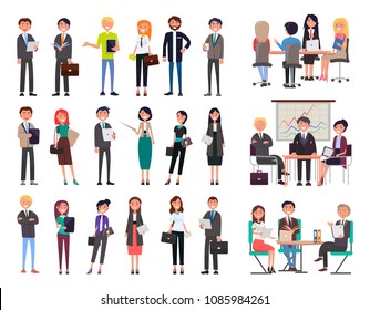 Business people collection wearing formal suits and dresses, meeting seminars, workshops planning of new projects set isolated on vector illustration