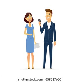 Business People - colored vector modern flat design illustrative composition of cartoon characters with gadgets. Male and female in suits. Responsibility, efficiency, success.