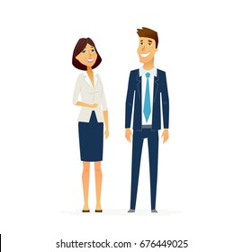 Business People - colored vector modern flat design illustrative composition of cartoon characters. Male and female in suits. Responsibility, efficiency, success.