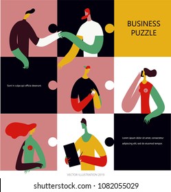 Business people in a colorful puzzle collage. Vector illustration flat design. Use in Web Project and Applications.