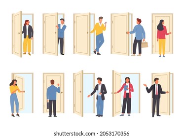 Business people come in and out of doors set. Daily work and life office characters come to job hr manager invites candidate for interview business woman walks into meeting. Cartoon vector.