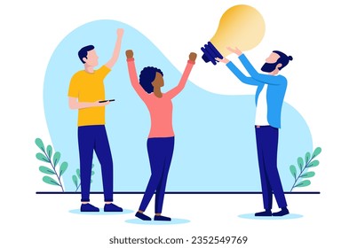 Business people coming up with great idea standing holding big light bulb and cheering together. Flat design vector illustration with white background