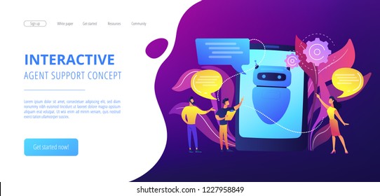 Business people communicate with chatbot application. Chatbot artificial intelligence, talkbots service, interactive agent support concept. Website vibrant violet landing web page template.
