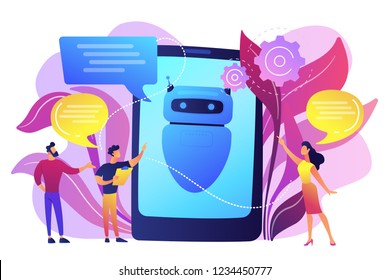 Business people communicate with chatbot application. Chatbot artificial intelligence, talkbots service, interactive agent support concept. Bright vibrant violet vector isolated illustration