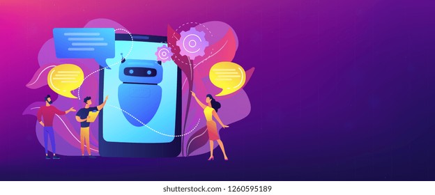 Business people communicate with chatbot application. Chatbot artificial intelligence, talkbots service, interactive agent support concept. Header or footer banner template with copy space.