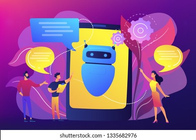 Business people communicate with chatbot application. Chatbot artificial intelligence, talkbots service, interactive agent support concept. Bright vibrant violet vector isolated illustration