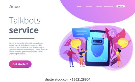 Geschäftsleute kommunizieren mit Chatbot-Anwendungen. Chatbot künstliche Intelligenz, Talkbots-Service, interaktives Support-Konzept. Website lebendige violette Landing-Website-Vorlage.