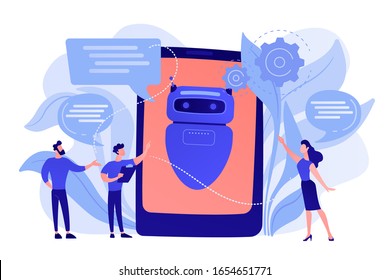 Business people communicate with chatbot application. Chatbot artificial intelligence, talkbots service, interactive agent support concept. Pinkish coral bluevector isolated illustration