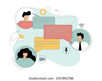 Business people communicate in messenger with dialog speech bubbles, news, social networks. Remote exposure of business issues. Vector illustration