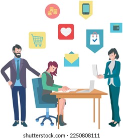 Business people communicate in office. Colleagues spend time together during work or rest. Characters discussing tasks at workplace. Working meeting, communication, dialogue, conversation concept