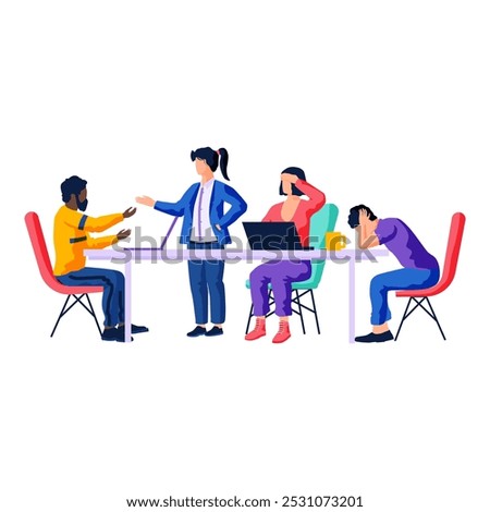 Business people communicate in office, solve complex problem. Colleagues together during work. Characters discussing tasks at workplace. Working meeting, communication, dialogue, conversation concept