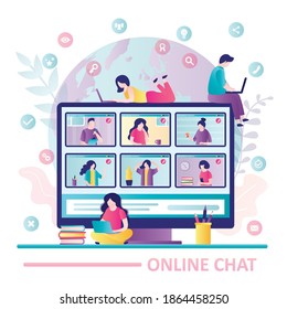 Business people communicate on video conference. Group of students talking on video call. Different men and women on computer screen. Concept of new technology and education. Flat vector illustration