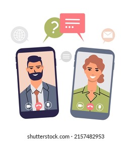 Business people communicate online with the help of mobile phones. Businessman and business woman on phone screens with speech bubbles. The concept of virtual business meetings. Flat vector isolated.