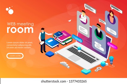 Business people  communicate via the Internet . Online presentation, professional conference, web meeting room concept. Isometric 3D website app landing web page template