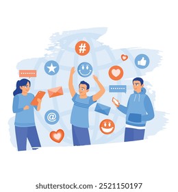 Business people communicate via video call. Business team communicating online. Team communication concept. Flat vector illustration.