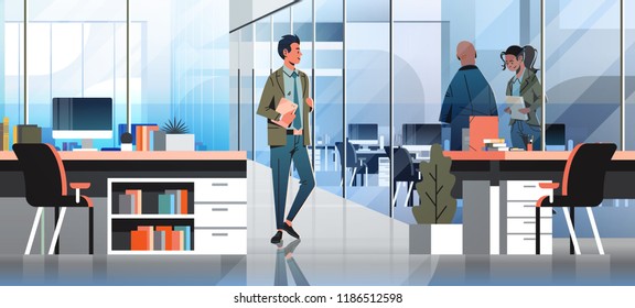 business people communicating concept modern coworking office interior creative workplace male female cartoon character full length horizontal banner flat vector illustration