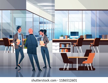 business people communicating concept modern coworking office interior creative workplace male female cartoon character full length horizontal flat vector illustration