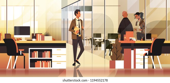 business people communicating concept modern coworking office interior creative workplace male female cartoon character full length horizontal banner flat vector illustration