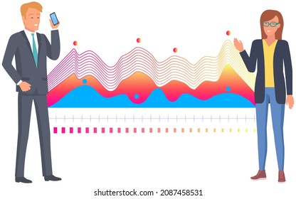 Business people communicating in office discuss statistics, analyze different charts and graphs. Financial accounting concept. Organization process, analytics, planning, report, market analysis