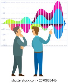 Business people communicating in office discuss statistics, analyze different charts and graphs. Financial accounting concept. Organization process, analytics, planning, report, market analysis