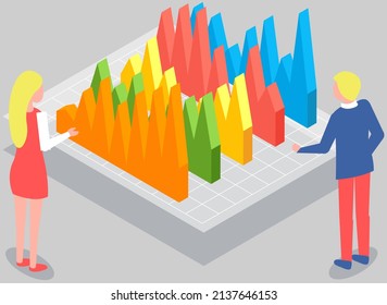 Business people communicating in office discuss statistics, analyze different charts and graphs. Financial accounting concept. Organization process, analytics, planning, report, market analysis