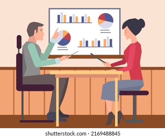 Business people communicating in office discuss statistics, analyze different charts and graphs. Financial accounting concept. Organization process, analytics, planning, report, market analysis