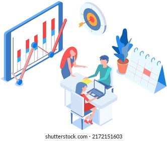 Business people communicating in office discuss statistics, analyze different charts and graphs. Financial accounting concept. Organization process, analytics, planning, report, market analysis