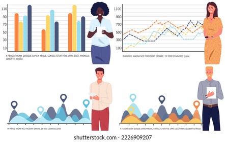 Business people communicating in office discuss statistics, analyze different charts and graphs. Financial accounting concept. Organization process, analytics, planning, report, market analysis