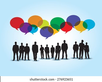 Business people in communication and colorful bubble speech in blue background.