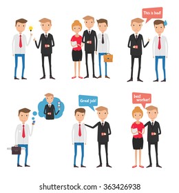 Business people communication in different situations icon set. Vector Illustration 