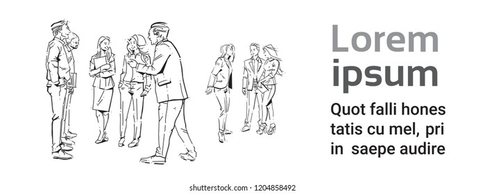 business people communication during meeting, agreement in front of businesspeople discussion colleagues communicating full length concept on white background hand draw silhouette sketch vector